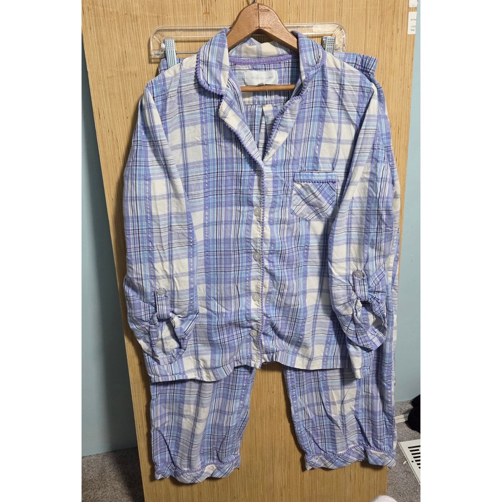 Victorias Secret Plaid Pajama Set Blue Purple Metallic Trim XL Long Sleeve Pants